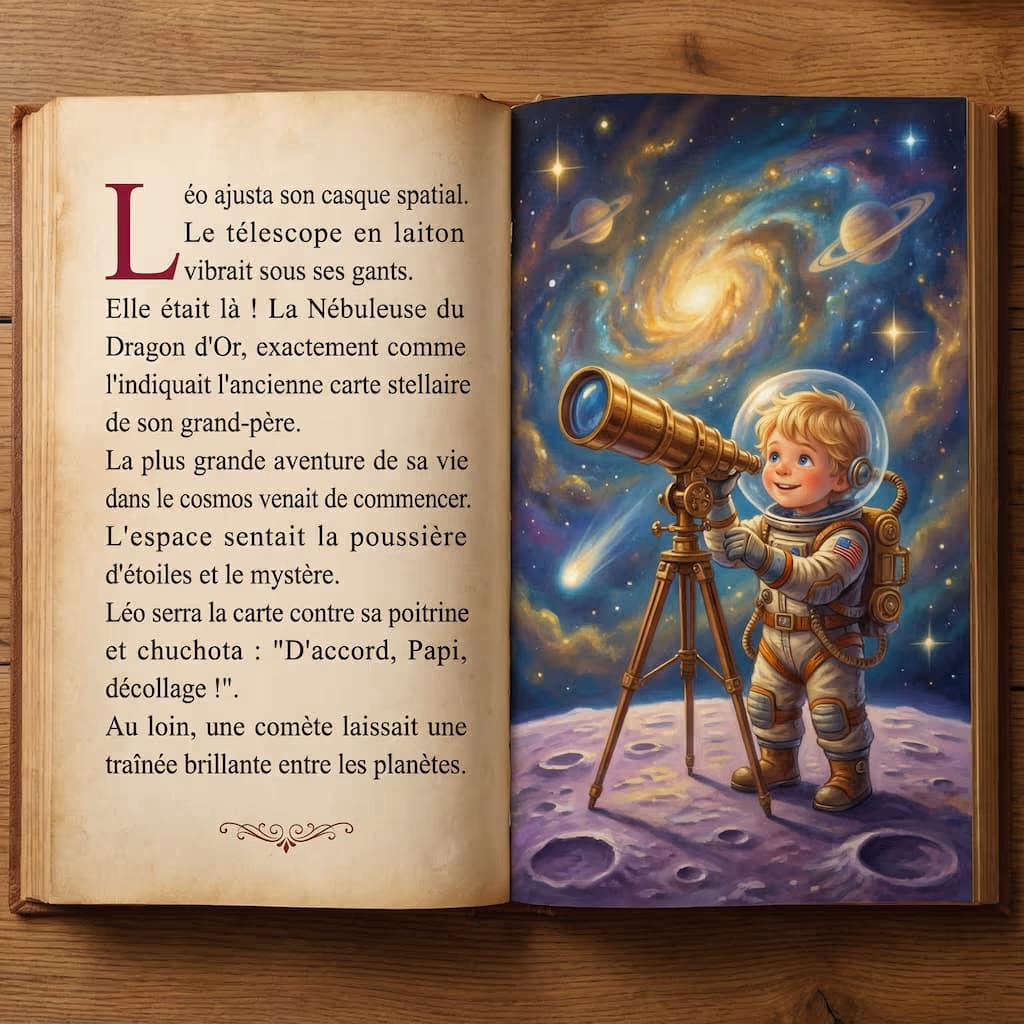 Conte éducatif personnalisé ouvert : le héros astronaute observe des galaxies avec un télescope