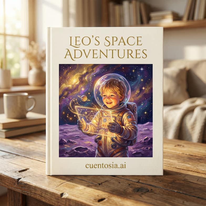 Couverture illustrée d'un conte éducatif personnalisé sur l'espace, avec le héros en astronaute
