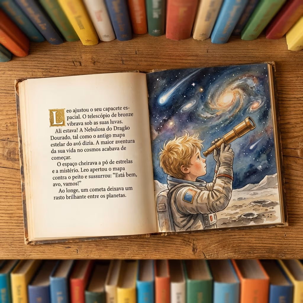 História educativa personalizada aberta: o protagonista astronauta observa galáxias com um telescópio
