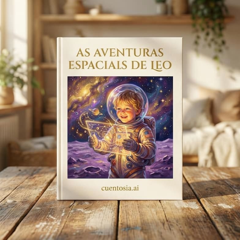 Capa ilustrada de uma história educativa personalizada sobre o espaço, com o protagonista astronauta