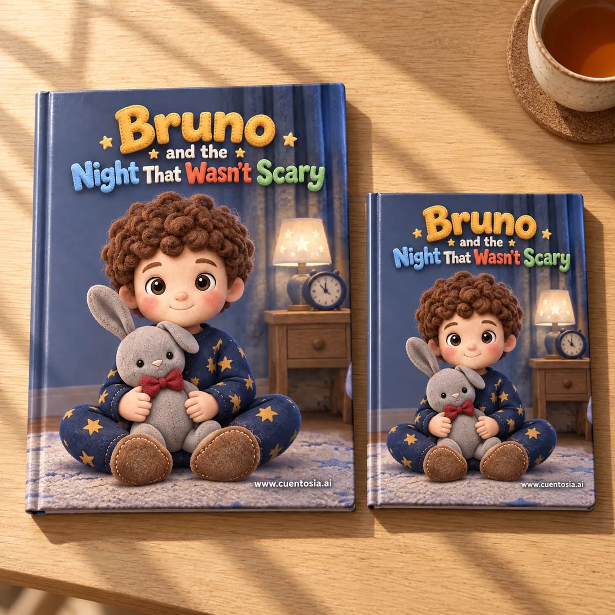 The sample story “Bruno and the Night That Wasn’t Scary” printed as an A4 and an A5 hardcover, side by side