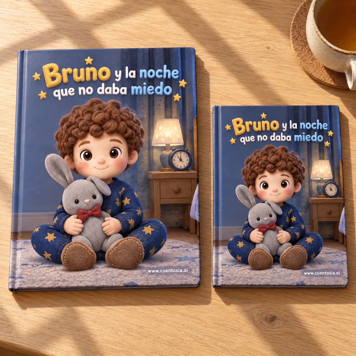 El cuento de ejemplo «Bruno y la noche que no daba miedo» impreso en tapa dura en A4 y en A5, uno al lado del otro