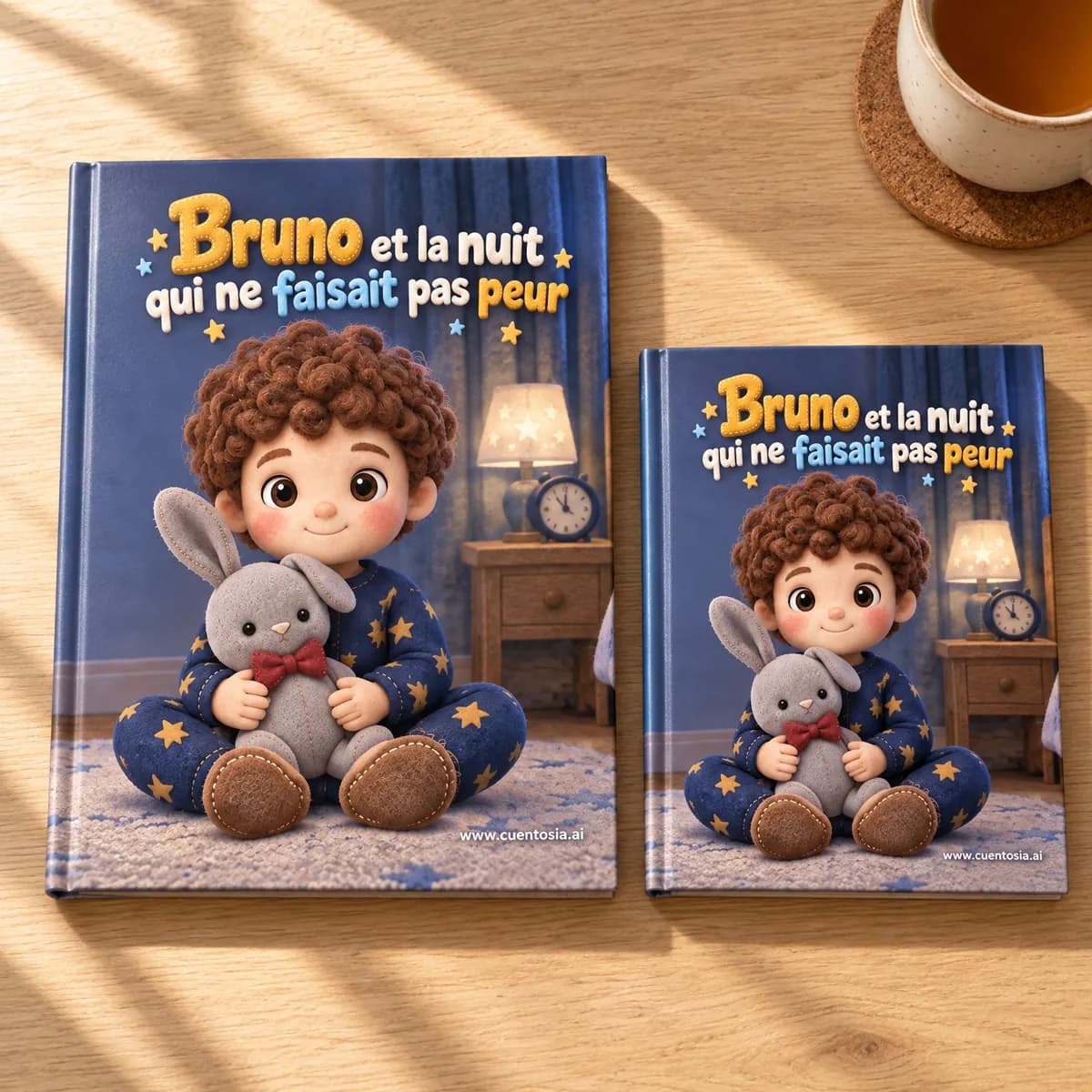 Le conte d'exemple « Bruno et la nuit qui ne faisait pas peur » imprimé en couverture rigide A4 et A5, côte à côte