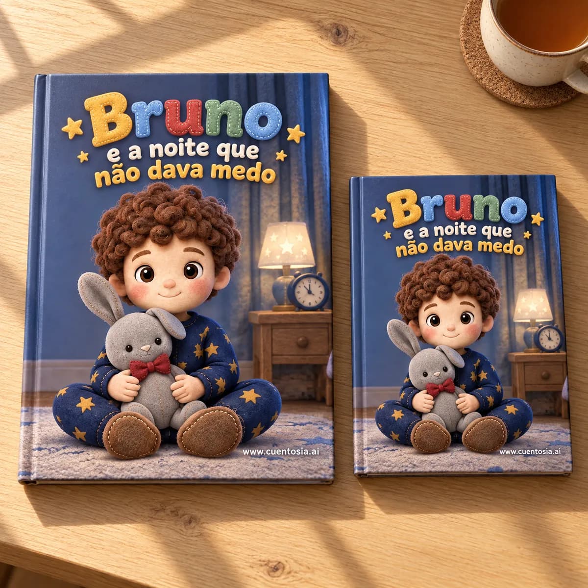 A história de exemplo «Bruno e a noite que não dava medo» impressa em capa dura em A4 e em A5, lado a lado
