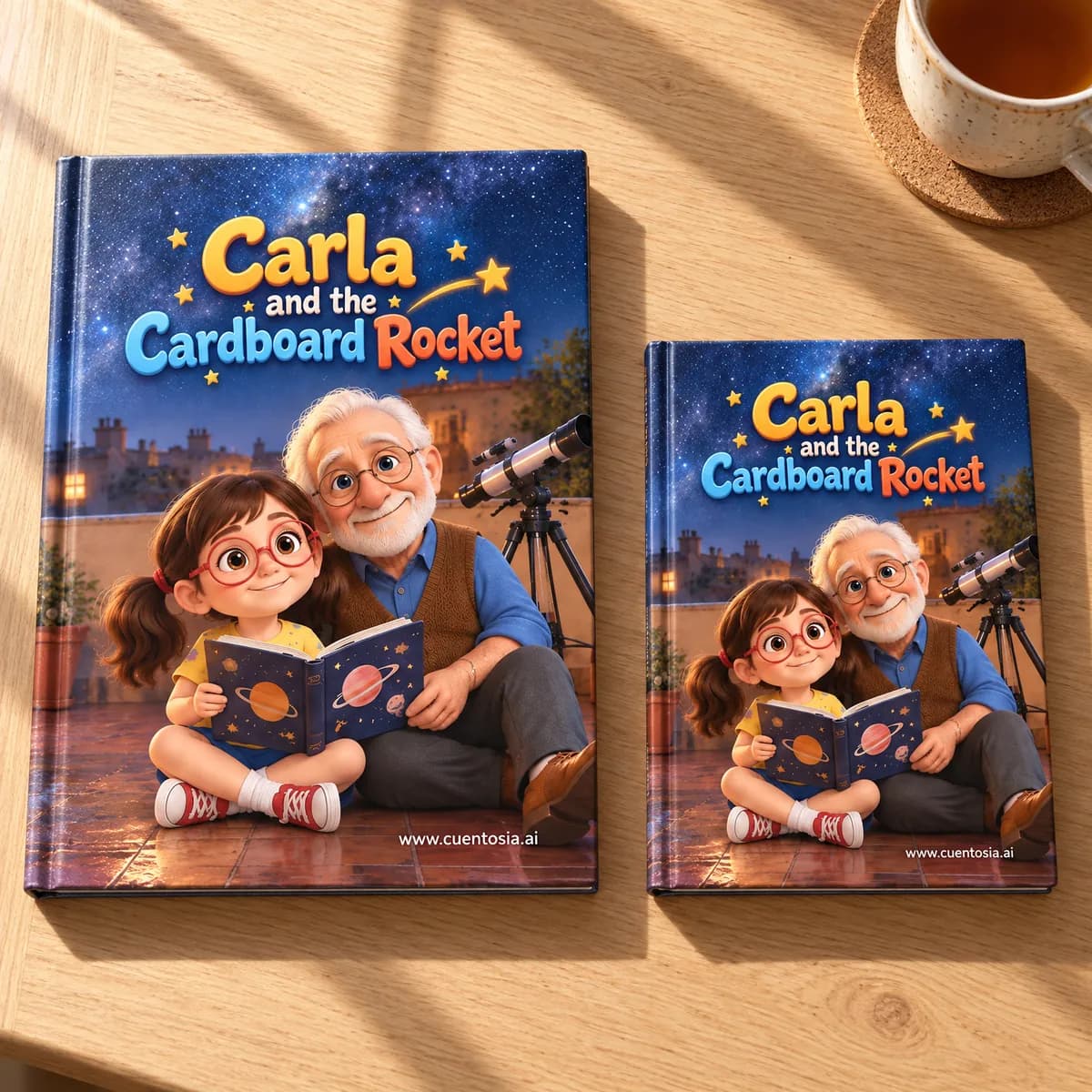 The sample story “Carla and the Cardboard Rocket” printed as an A4 and an A5 hardcover, side by side