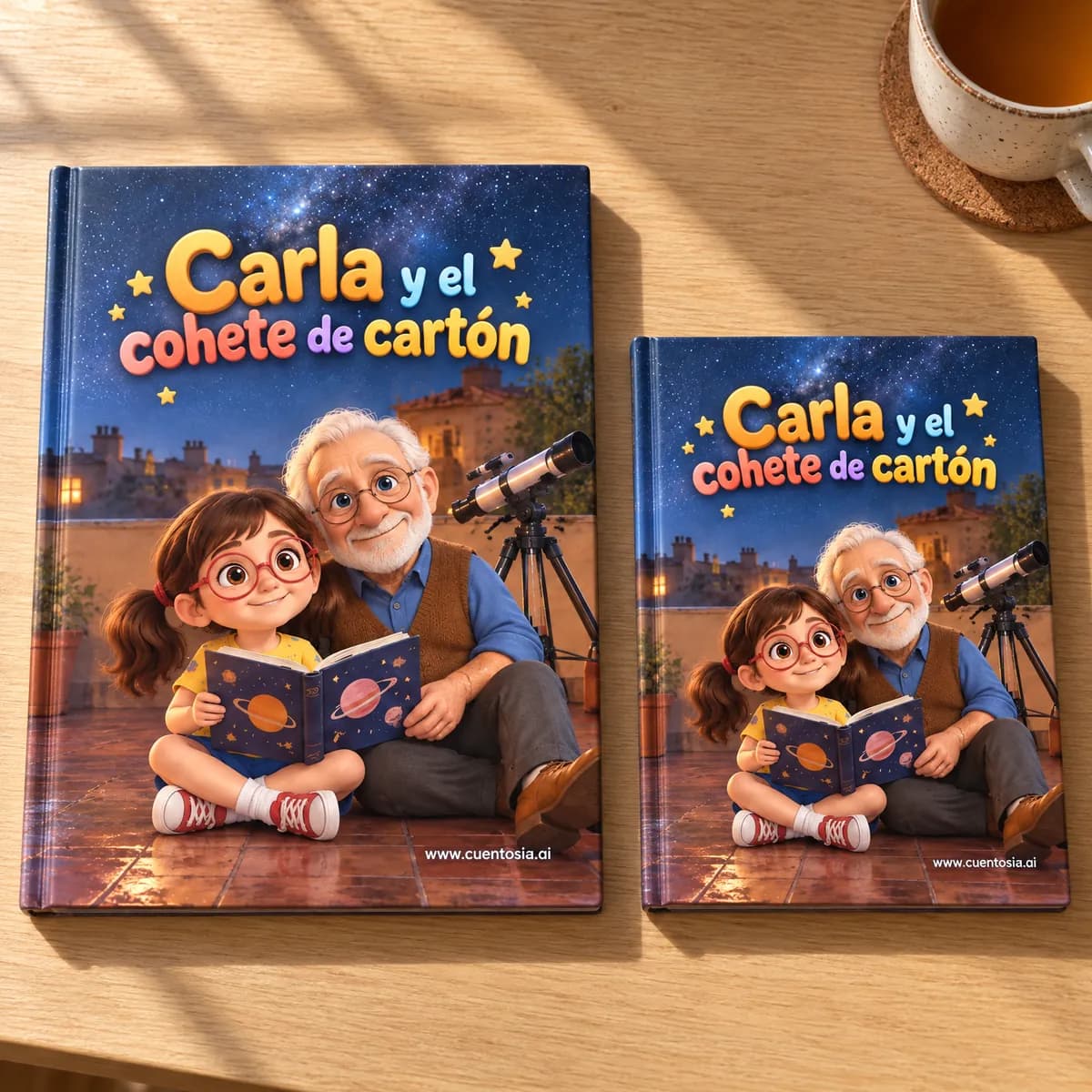 «Carla y el cohete de cartón» impreso en tapa dura en A4 y en A5, uno al lado del otro sobre una mesa de madera
