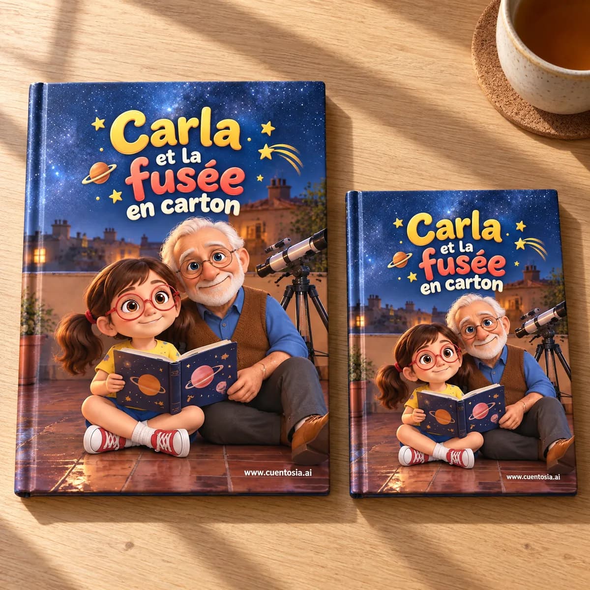 « Carla et la fusée en carton » imprimé en couverture rigide en A4 et en A5, côte à côte sur une table en bois
