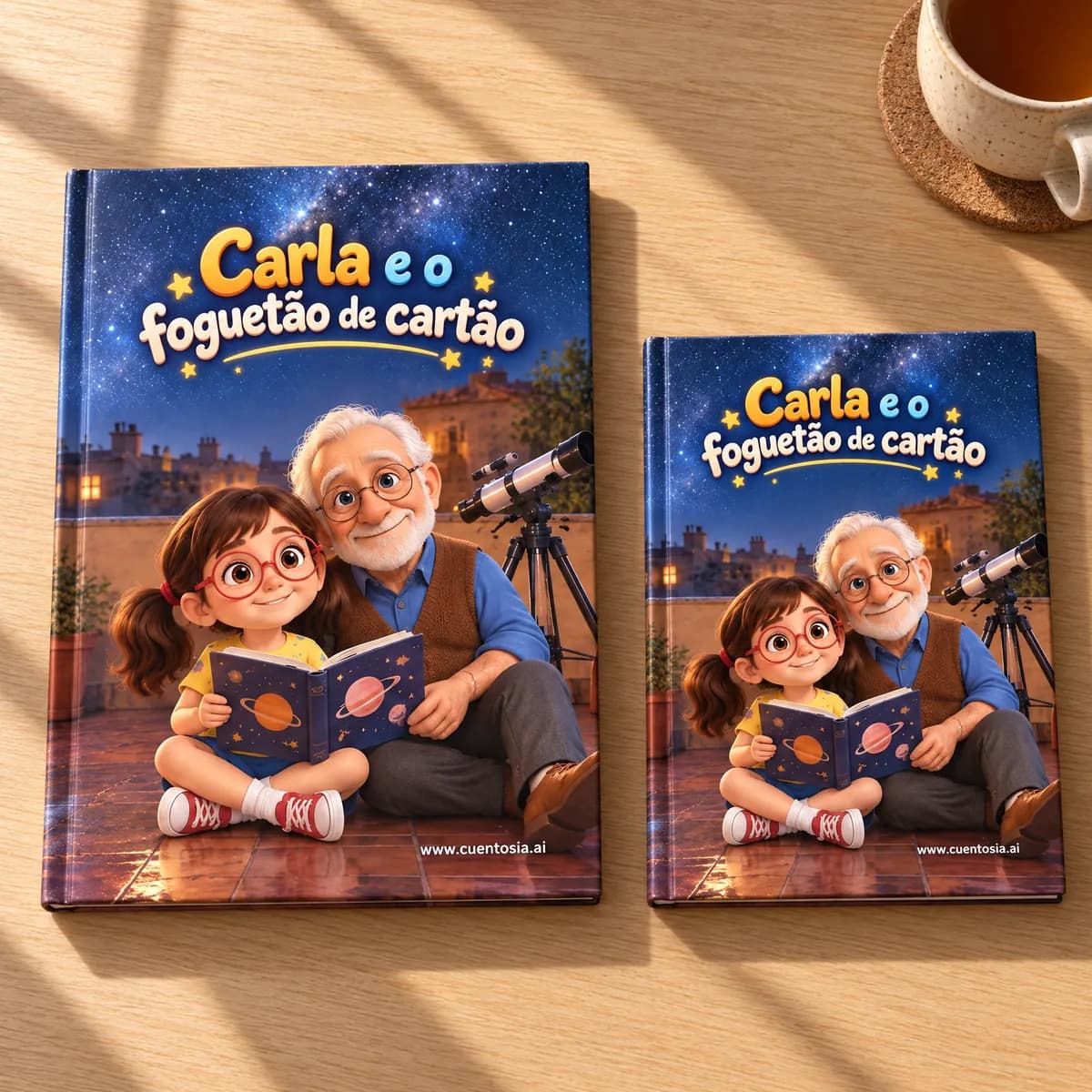 A história de exemplo «Carla e o foguetão de cartão» impressa em capa dura em A4 e em A5, lado a lado