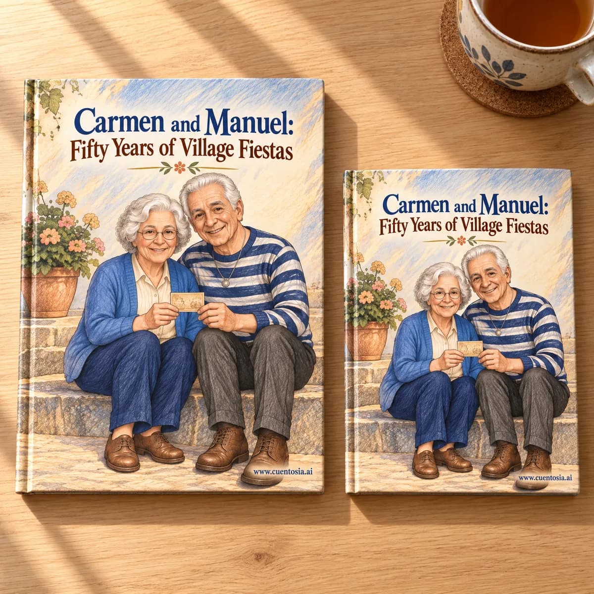 The sample story “Carmen and Manuel: Fifty Years of Village Fiestas” printed as an A4 and an A5 hardcover, side by side