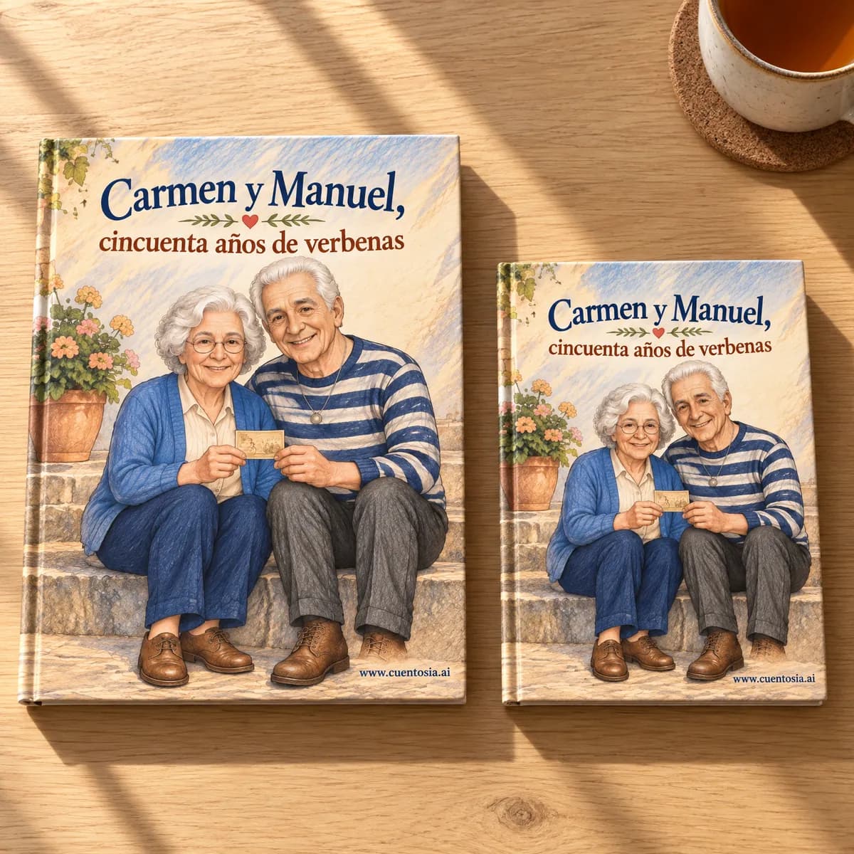 El cuento de ejemplo «Carmen y Manuel, cincuenta años de verbenas» impreso en tapa dura en A4 y en A5, uno al lado del otro