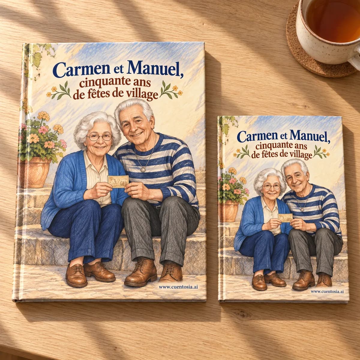 Le conte d'exemple « Carmen et Manuel, cinquante ans de fêtes de village » imprimé en couverture rigide A4 et A5, côte à côte