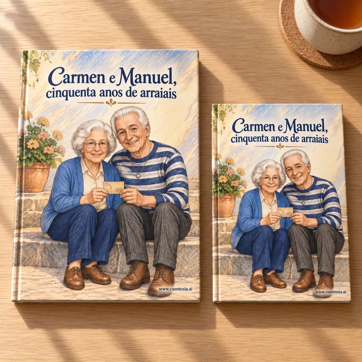 A história de exemplo «Carmen e Manuel, cinquenta anos de arraiais» impressa em capa dura em A4 e em A5, lado a lado