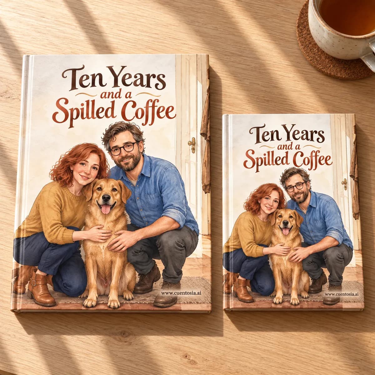 The sample story “Ten Years and a Spilled Coffee” printed as an A4 and an A5 hardcover, side by side