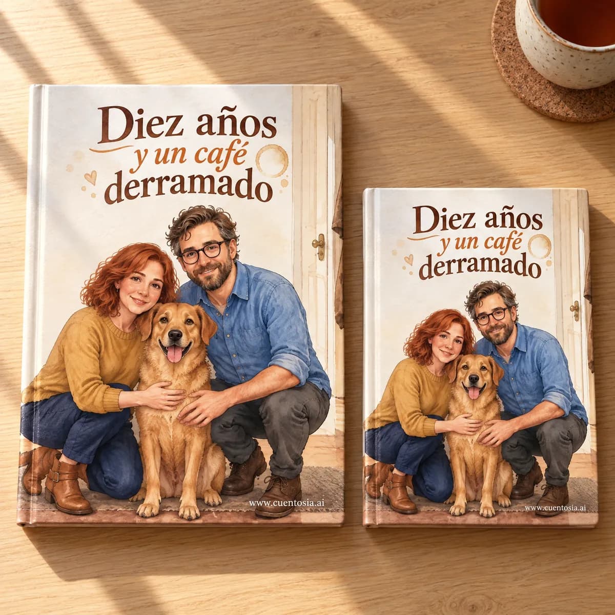 El cuento de ejemplo «Diez años y un café derramado» impreso en tapa dura en A4 y en A5, uno al lado del otro