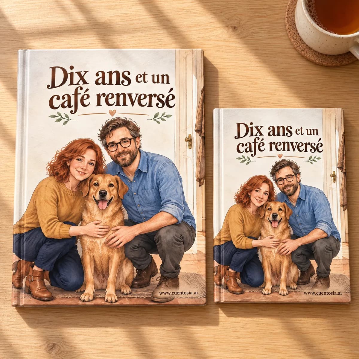 Le conte d'exemple « Dix ans et un café renversé » imprimé en couverture rigide A4 et A5, côte à côte