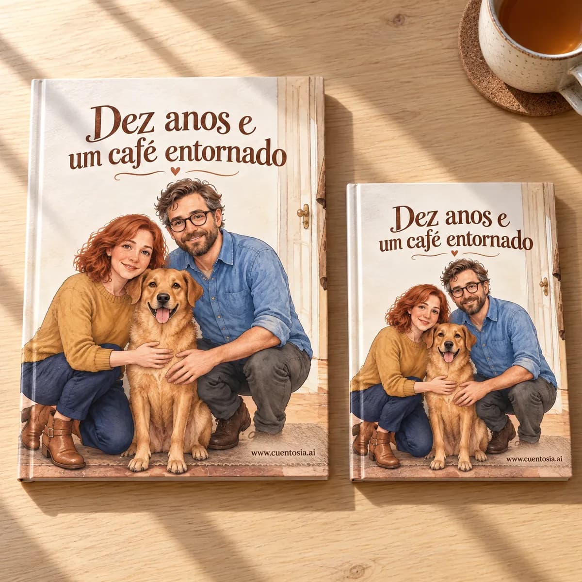 A história de exemplo «Dez anos e um café entornado» impressa em capa dura em A4 e em A5, lado a lado