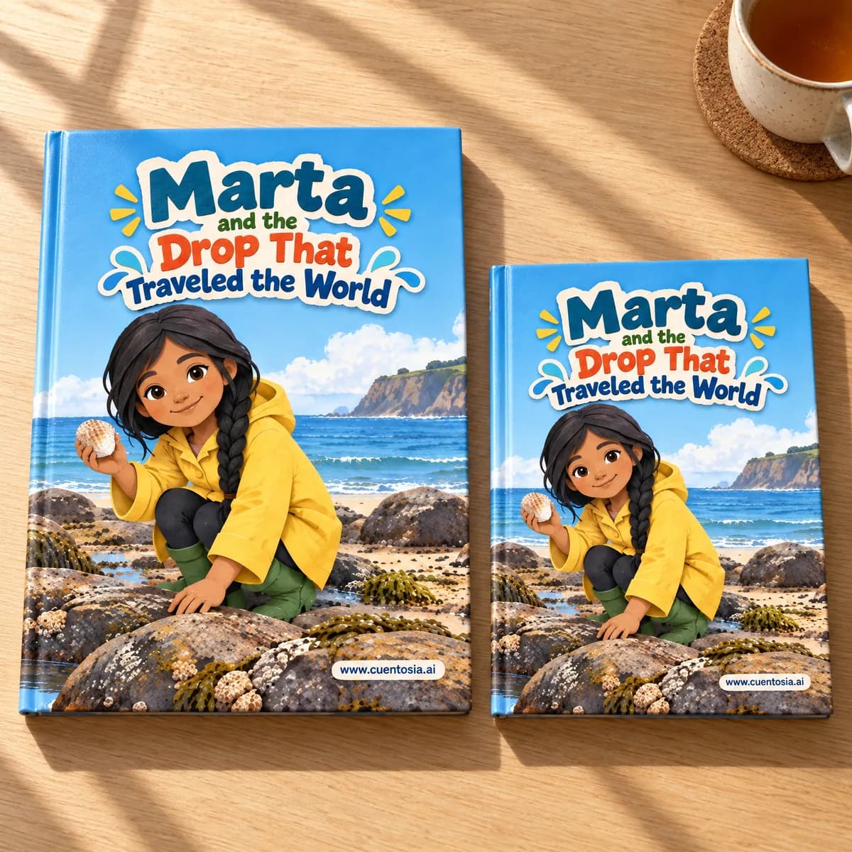 The sample story “Marta and the Drop That Traveled the World” printed as an A4 and an A5 hardcover, side by side