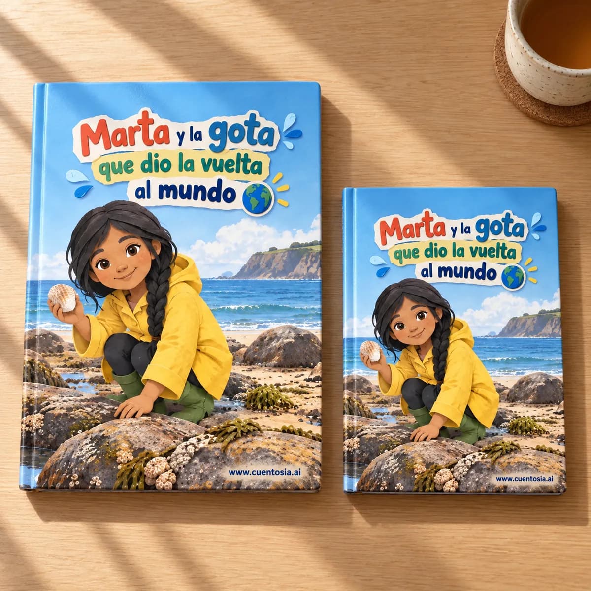 El cuento de ejemplo «Marta y la gota que dio la vuelta al mundo» impreso en tapa dura en A4 y en A5, uno al lado del otro