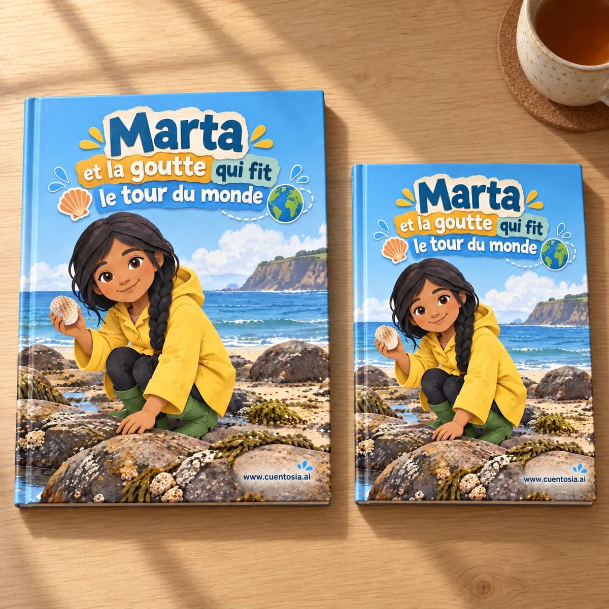 Le conte d'exemple « Marta et la goutte qui fit le tour du monde » imprimé en couverture rigide A4 et A5, côte à côte