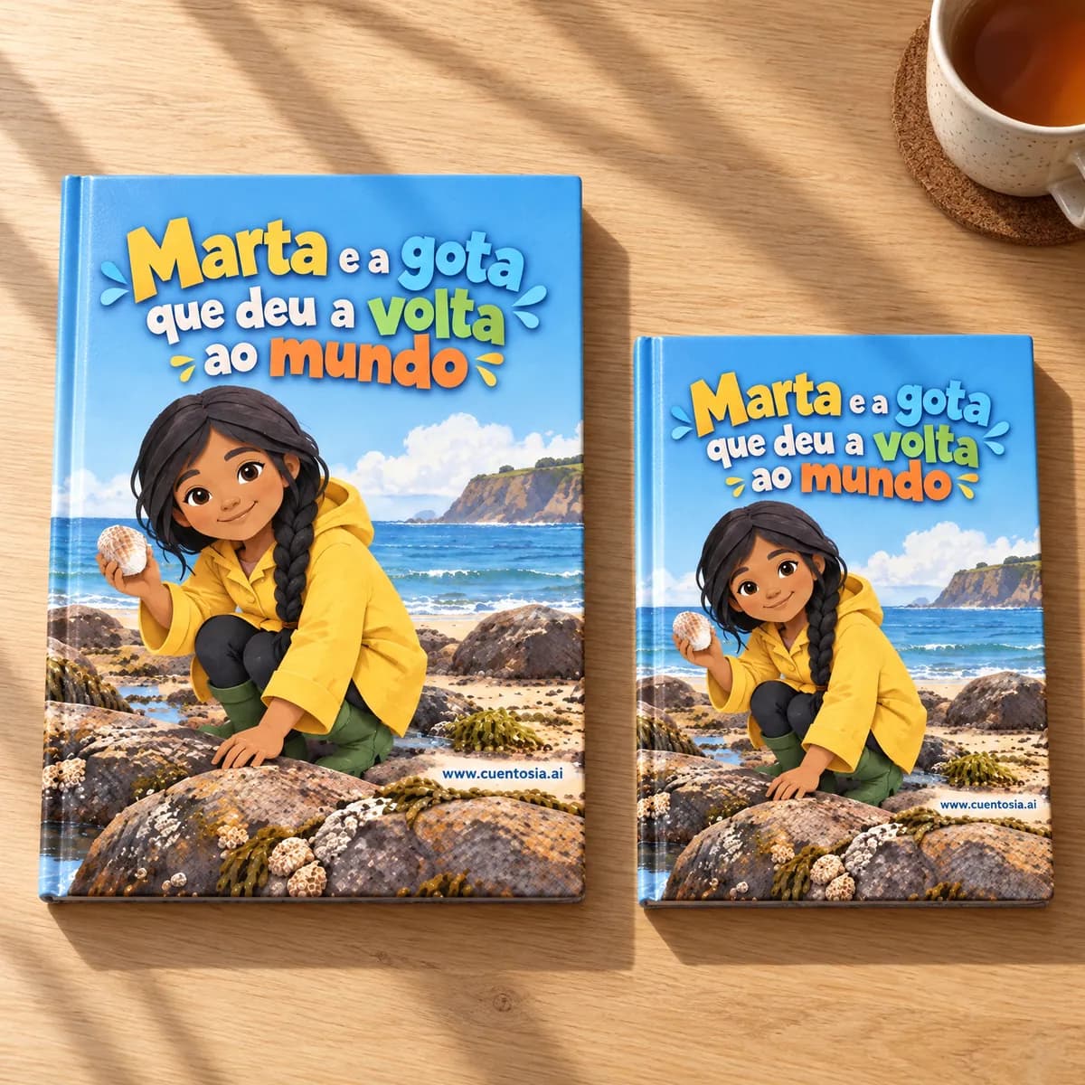 A história de exemplo «Marta e a gota que deu a volta ao mundo» impressa em capa dura em A4 e em A5, lado a lado