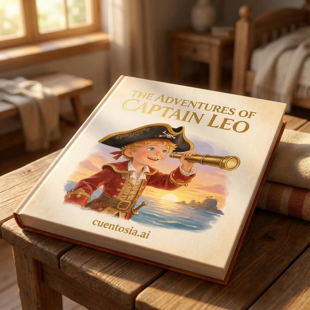 Illustrated cover of a personalized pirate storybook for children, hardcover on a wooden table