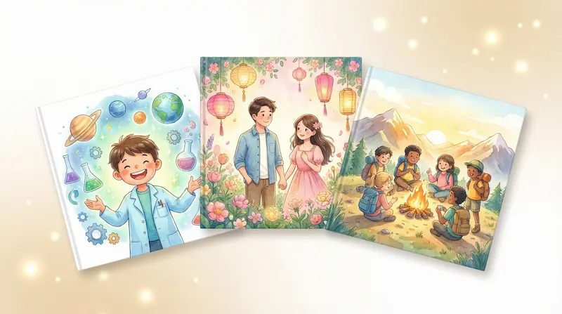 Três capas de histórias para idades diferentes: um menino cientista, um casal jovem e adolescentes