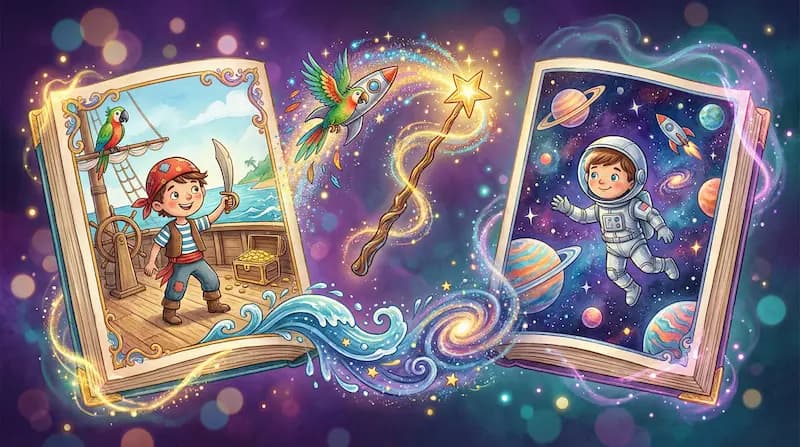 Magic wand joining two open storybooks, one pirate and one space, with a trail of stars