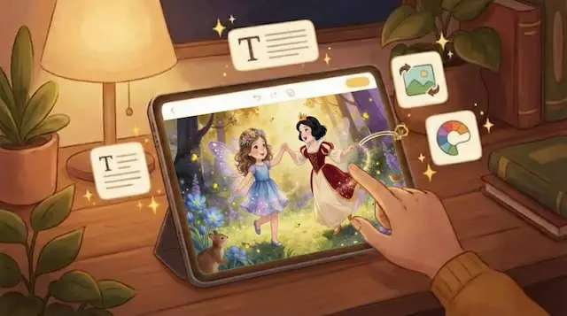 Hand editing a storybook illustration on a tablet, with text and colour options