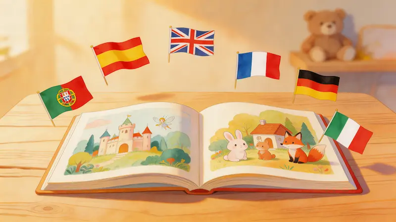 História ilustrada aberta rodeada de bandeiras de Espanha, Reino Unido, França, Portugal e Alemanha