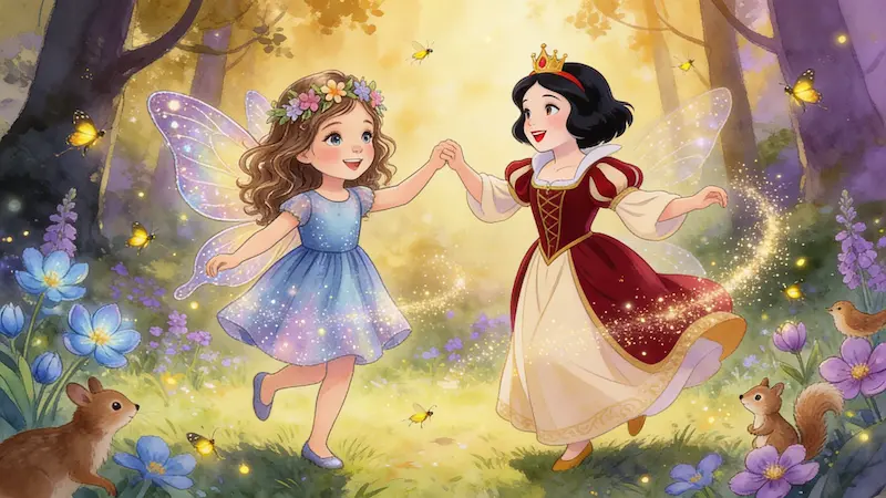 Menina ilustrada como fada a dançar de mãos dadas com a Branca de Neve num bosque encantado
