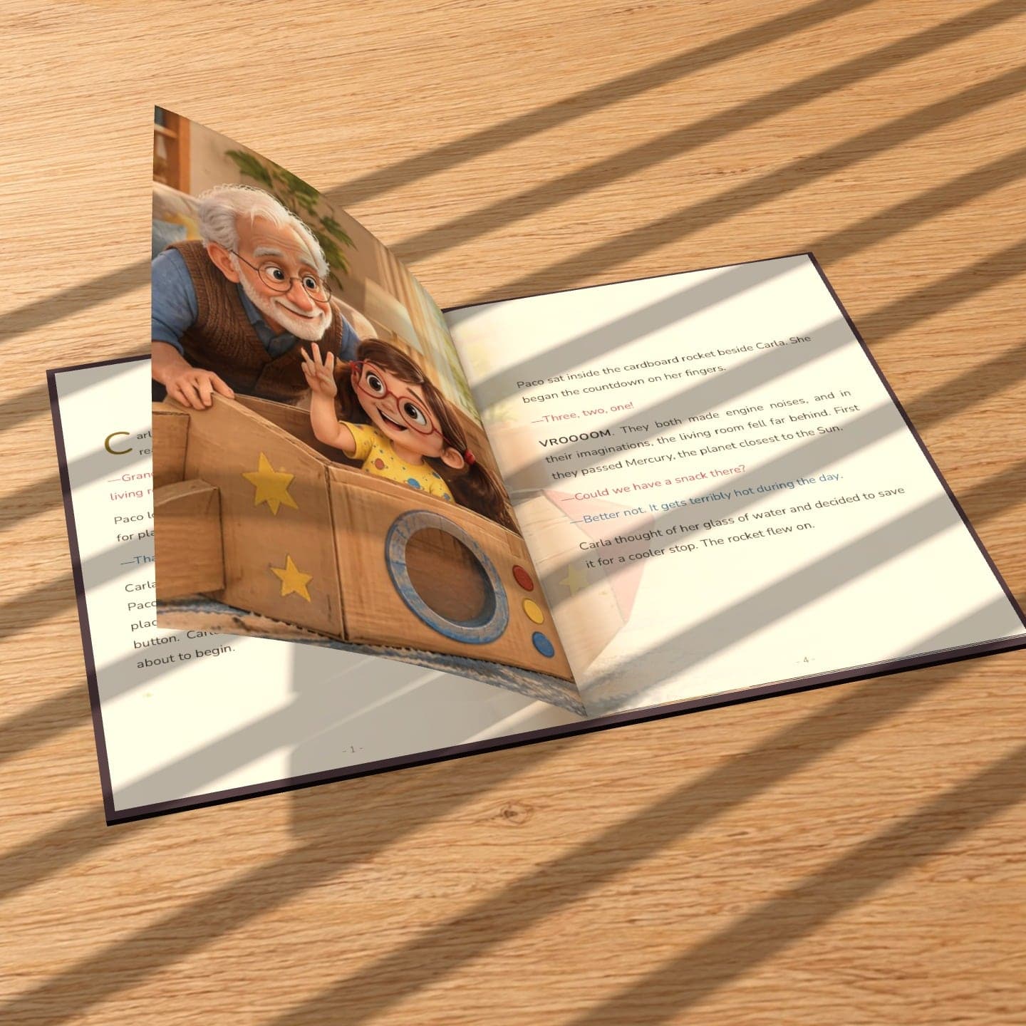 “Carla and the Cardboard Rocket”, a personalized storybook printed in hardcover, open on a table as a page turns