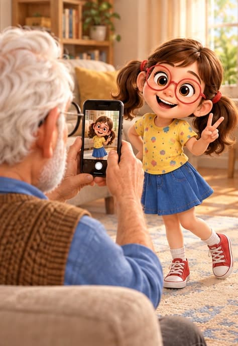 Ilustración: el abuelo de Carla le hace una foto con el móvil para crear su cuento