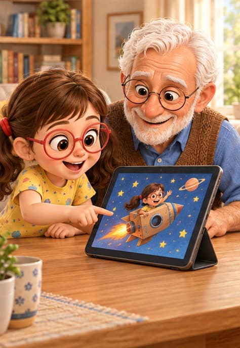 Illustration: Carla and her grandfather look at the illustrated story starring her on a tablet