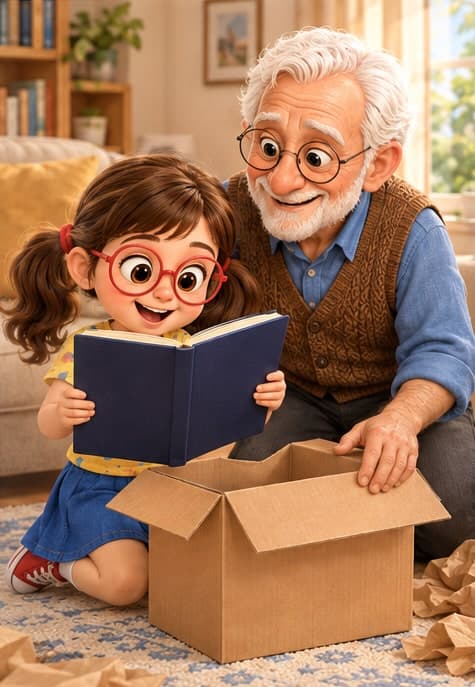 Illustration: Carla lifts her printed hardcover storybook out of the shipping box