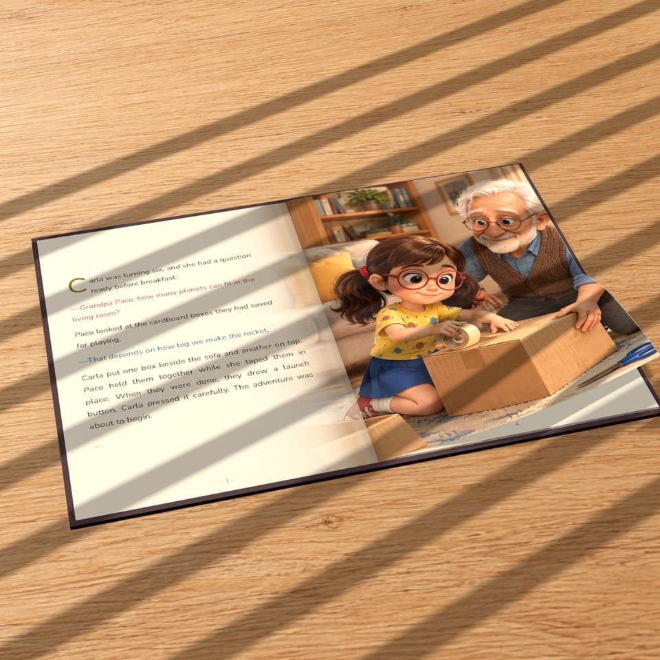 A printed spread of “Carla and the Cardboard Rocket”: the story text on one side and the illustration on the other