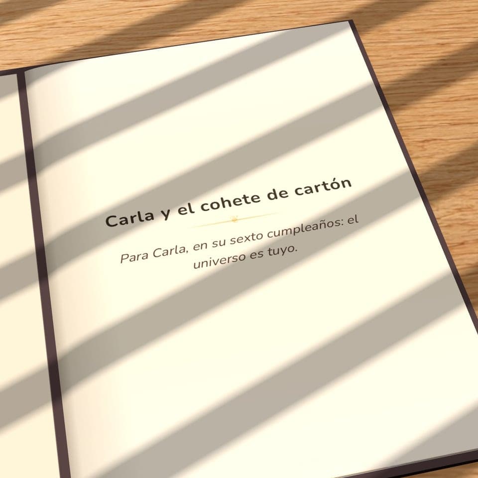 «Carla y el cohete de cartón» impreso, abierto por la primera página con el título y la dedicatoria