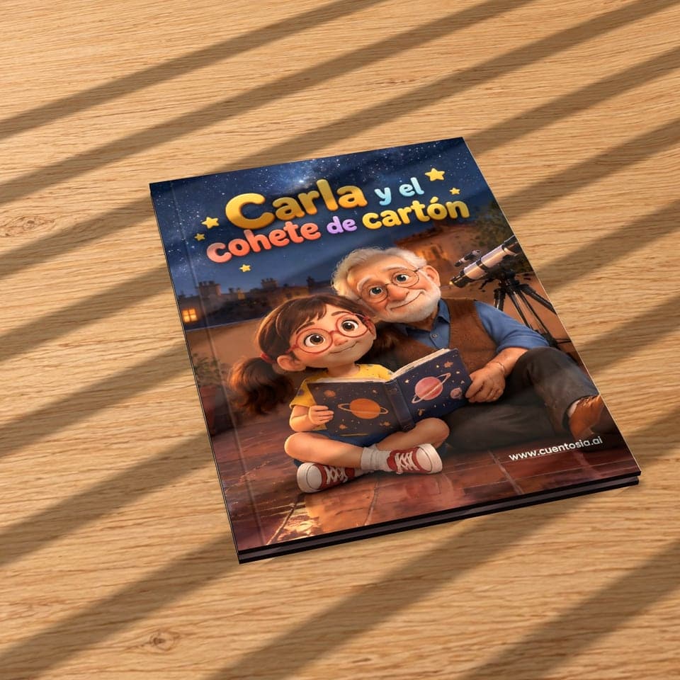 Portada de «Carla y el cohete de cartón», cuento personalizado impreso en tapa dura, sobre una mesa de madera