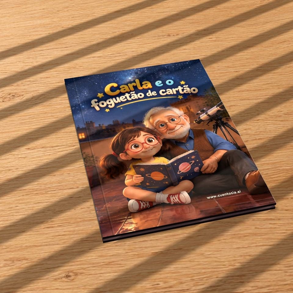 Capa de «Carla e o foguetão de cartão», história personalizada impressa em capa dura, sobre uma mesa de madeira