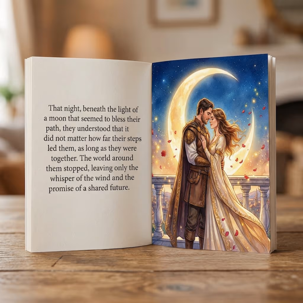 Personalized love story open: a couple embraces under a crescent moon among rose petals