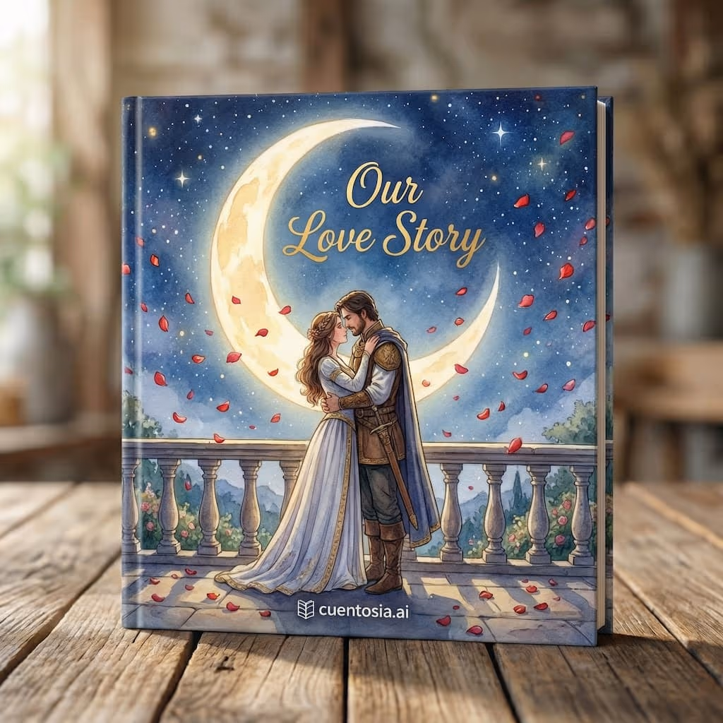 Illustrated cover of a personalized love story: a couple walking hand in hand through a flower garden