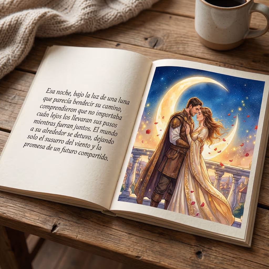 Cuento de amor personalizado abierto: una pareja se abraza bajo una luna creciente entre pétalos de rosa