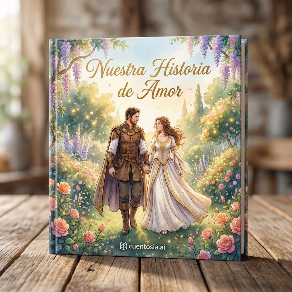 Portada ilustrada de un cuento de amor personalizado: una pareja pasea de la mano por un jardín de flores