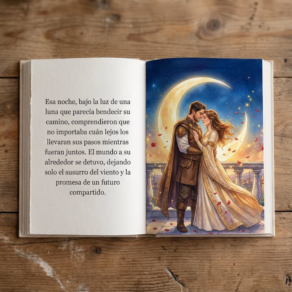 Conte d'amour personnalisé ouvert : un couple s'enlace sous un croissant de lune parmi des pétales de rose