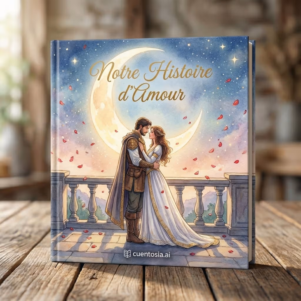 Couverture illustrée d'un conte d'amour personnalisé : un couple main dans la main dans un jardin fleuri