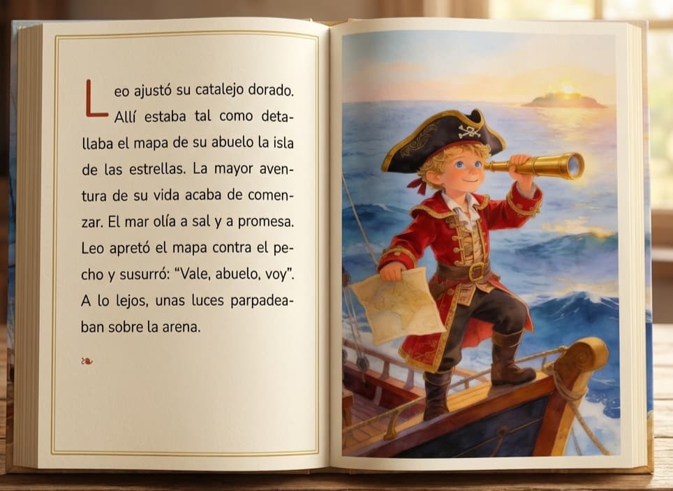 Cuento infantil personalizado abierto: el protagonista, vestido de pirata, otea el mar con un catalejo