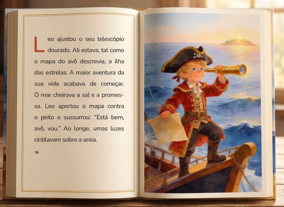 História infantil personalizada aberta: o protagonista, vestido de pirata, observa o mar com uma luneta