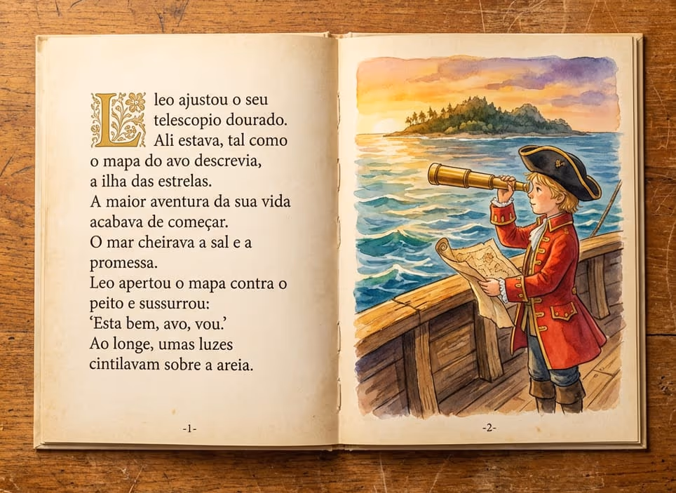 História infantil personalizada aberta: o protagonista, vestido de pirata, observa o mar com uma luneta