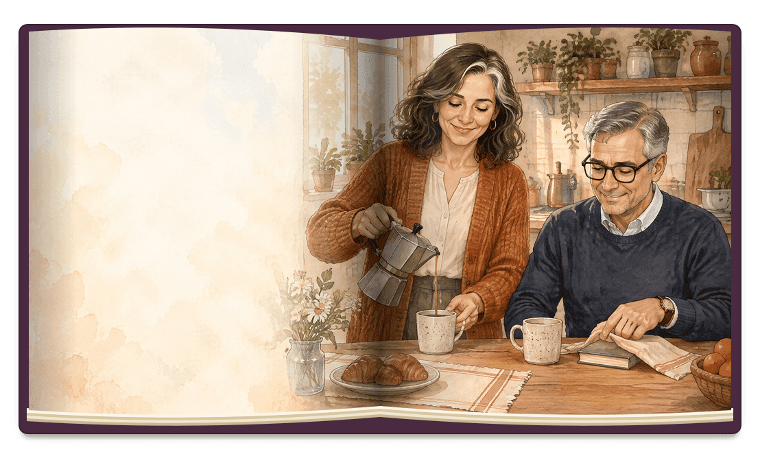 Página de «Fios de prata»: a Marta serve o café na cozinha enquanto o Javier esconde um livro debaixo do guardanapo