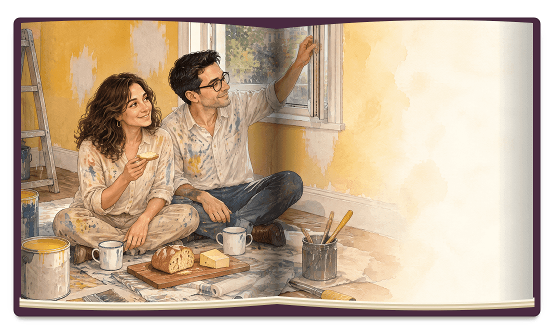Página de «Fios de prata»: a Marta e o Javier, sujos de tinta, jantam pão e queijo no chão da sala acabada de pintar de amarelo