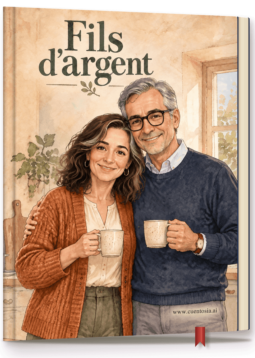 « Fils d’argent », conte personnalisé de noces d’argent imprimé en couverture rigide, debout devant deux illustrations encadrées du couple